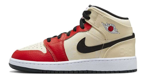 Big Kid's Air Jordan 1 Mid Muslin/Chili Red-Black-White