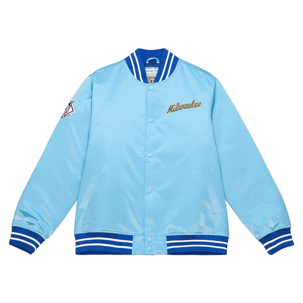 Men's Mitchell & Ness Light Blue MLB Milwaukee Brewers Heavyweight Satin Jacket