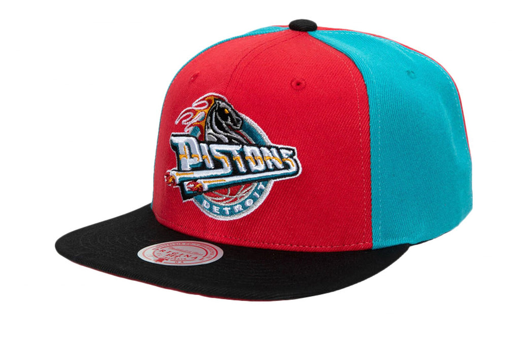 Men's Mitchell & Ness Red/Black/Teal NBA Detroit Pistons On The Block HWC Snapback - OSFA