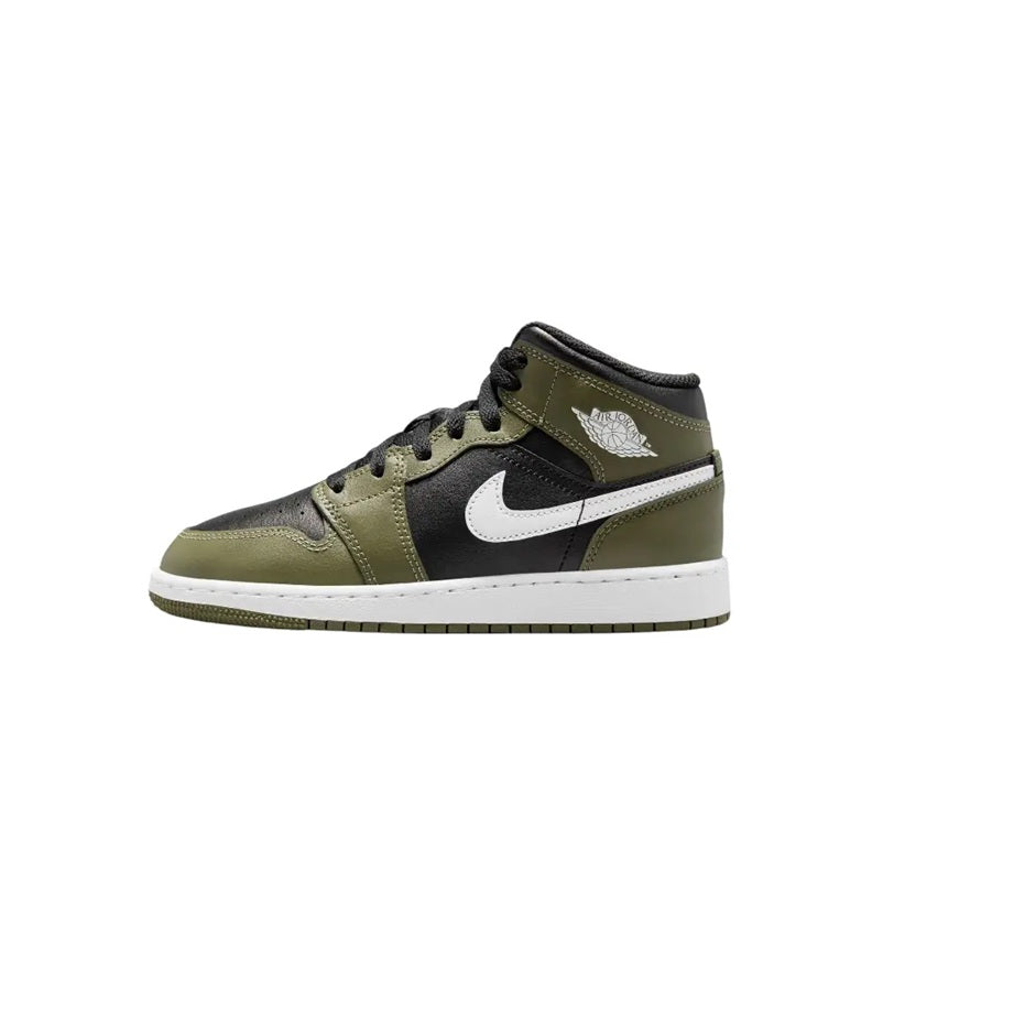 Big Kid's Jordan 1 Mid Black/White-Medium Olive (DQ8423 092)