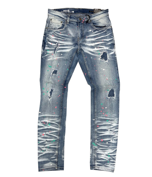 Men's Copper Rivet Light Stone Blue Jeans with Paint Splatter