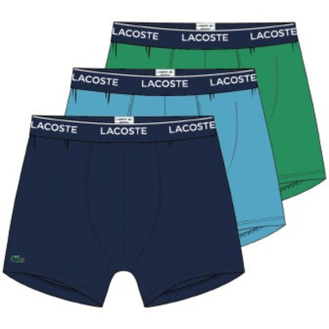 Men's Lacoste Navy Blue/Azure Blue/Green Lettered Waist Stretch 3-Pack Boxer Briefs