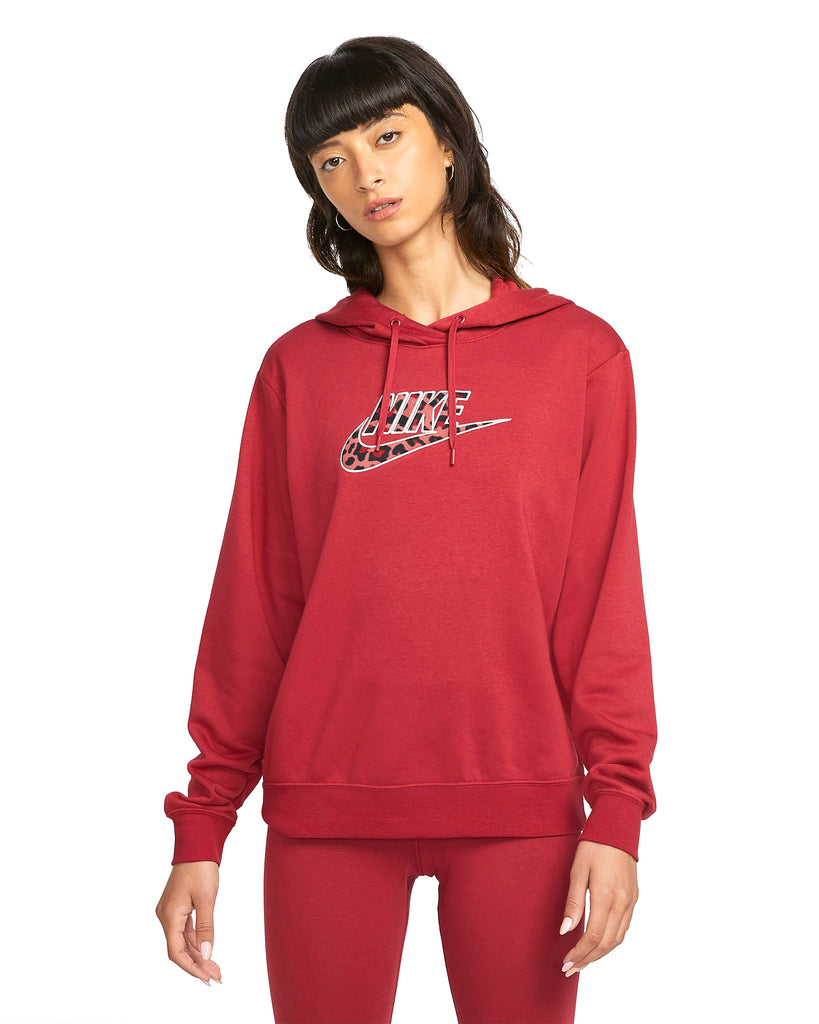 Women s Nike Sportswear Red Animal Printed Leopard Graphic Futura Hood The Spot for Fits Kicks