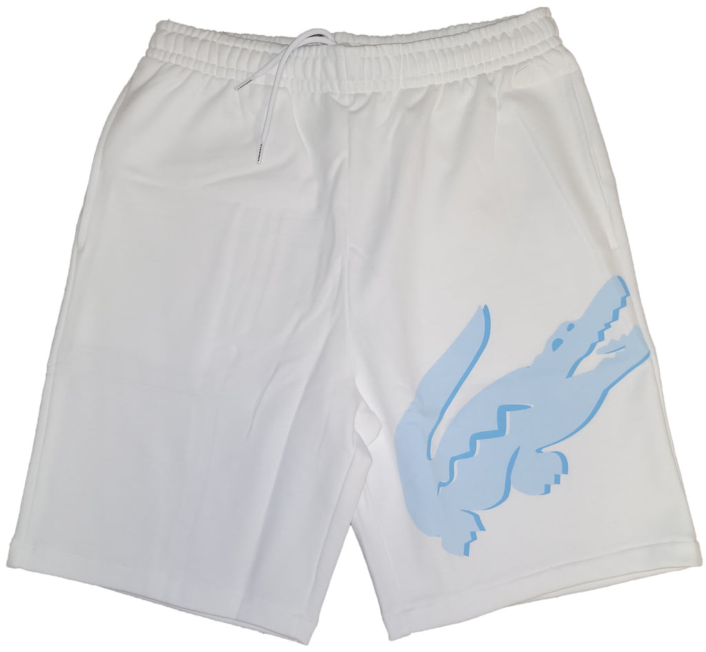Lacoste White/Light Blue Oversized Crocodile Print Organic Cotton Fleece Shorts