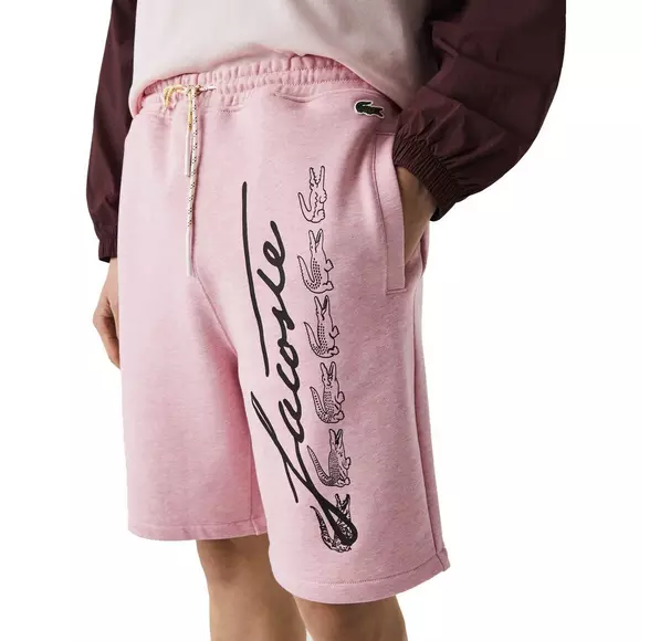 Men's Lacoste Pink Signature Print Cotton Fleece Shorts