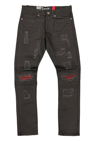 Men's Makobi Black Ripped Jeans with Red Patchwork