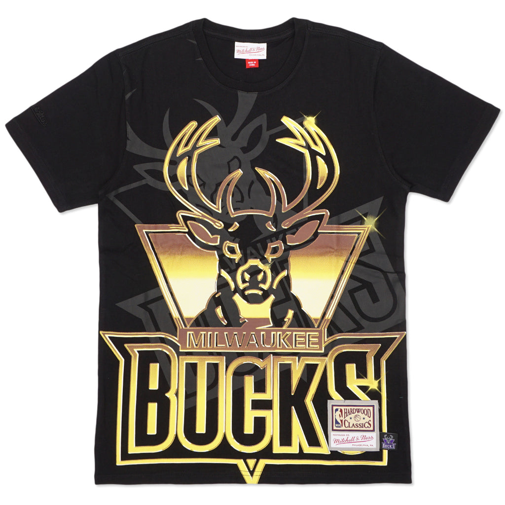 Men's Mitchell & Ness Black NBA Milwaukee Bucks Hardwood Classics Big Face 4.0 T-Shirt