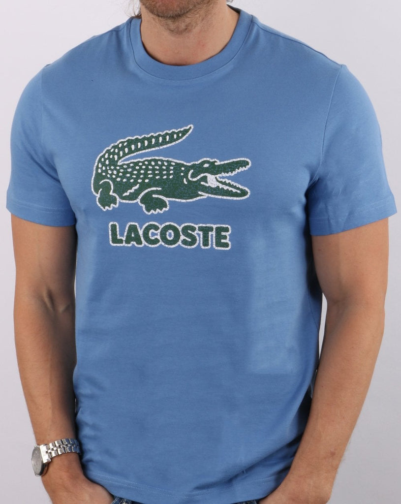 Lacoste Turquin Blue Crew Neck Crackled Logo Print Cotton T-Shirt