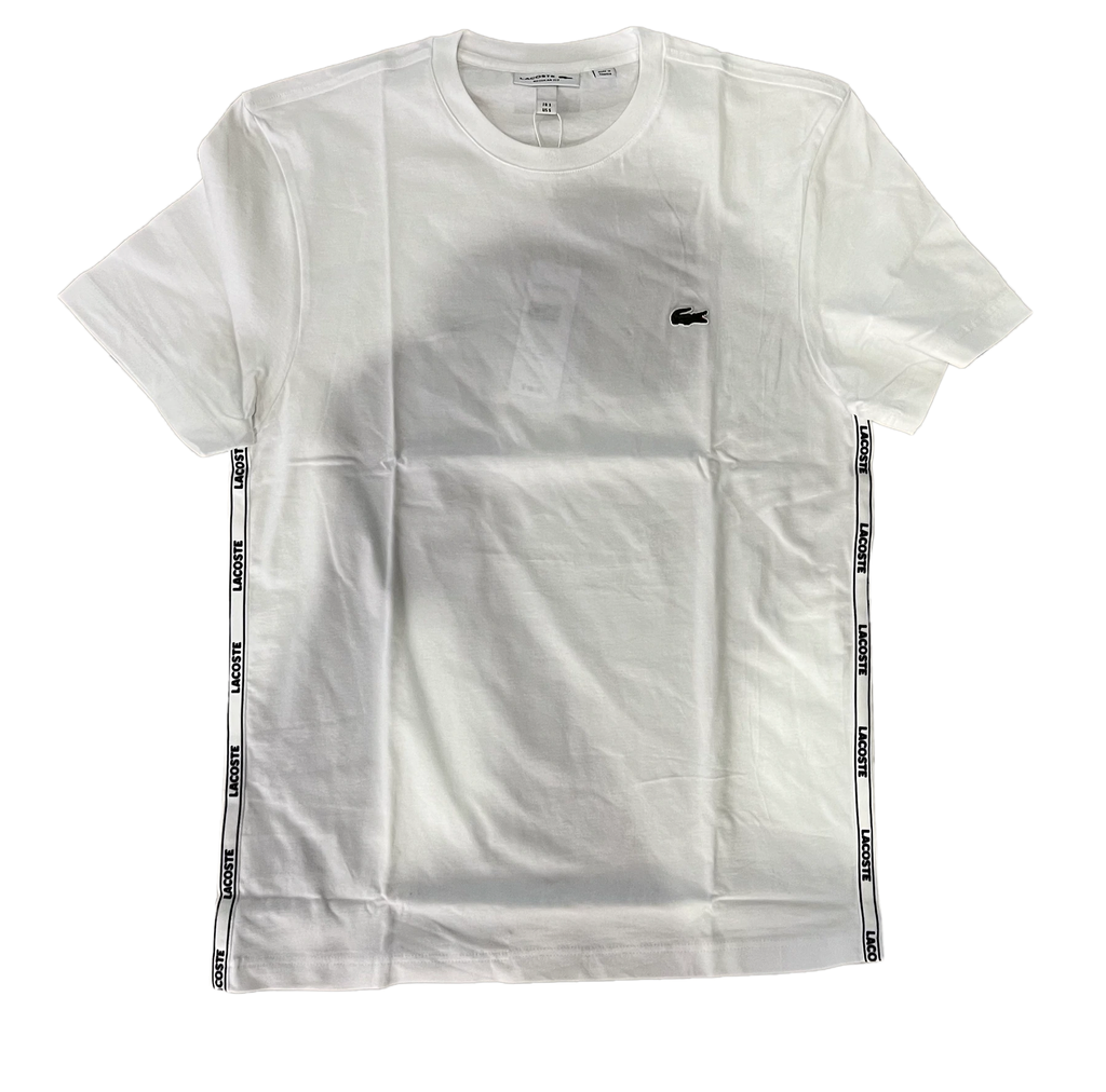 Men's Lacoste White Crew Neck Print Striped Cotton T-Shirt