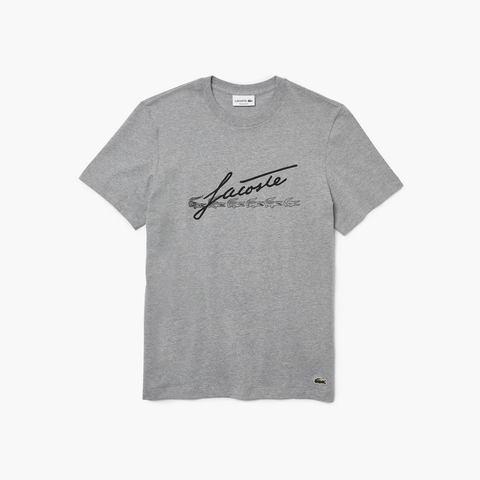 Men's Lacoste Grey Chine Signature And Crocodile Print Crew Neck Cotton T-Shirt