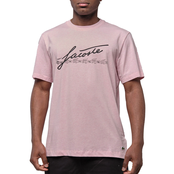 Men's Lacoste Pink Signature And Crocodile Print Crew Neck Cotton T-Shirt