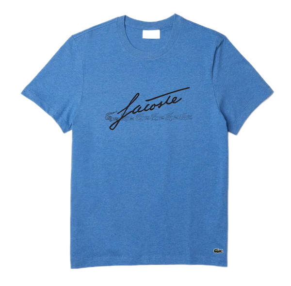 Men's Lacoste Blue Chine Signature And Crocodile Print Crew Neck Cotton T-Shirt